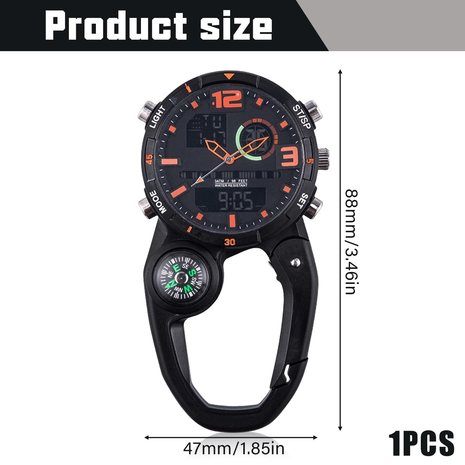 GOMETY Taschenuhr mit Karabiner Schwesternuhr, Clip Karabineruhr mit Leuchtendes, Kalender, Woche, Wecker, Kompass, Digital Uhr Analog Quarzuhr Multifunktionale für Camping Bergsteigen
