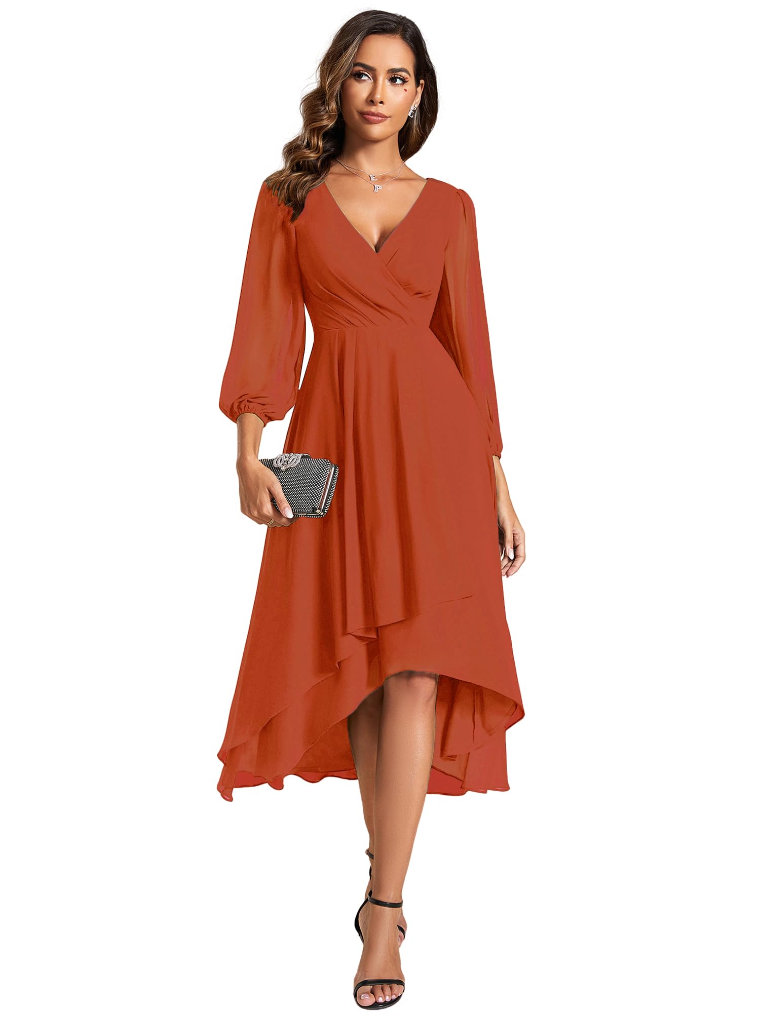 Ever-Pretty Women's Chiffon V Neck Long Sleeves A-Line Midi Length Wedding Guest Dress Cocktail Party Formal Dresses 01926