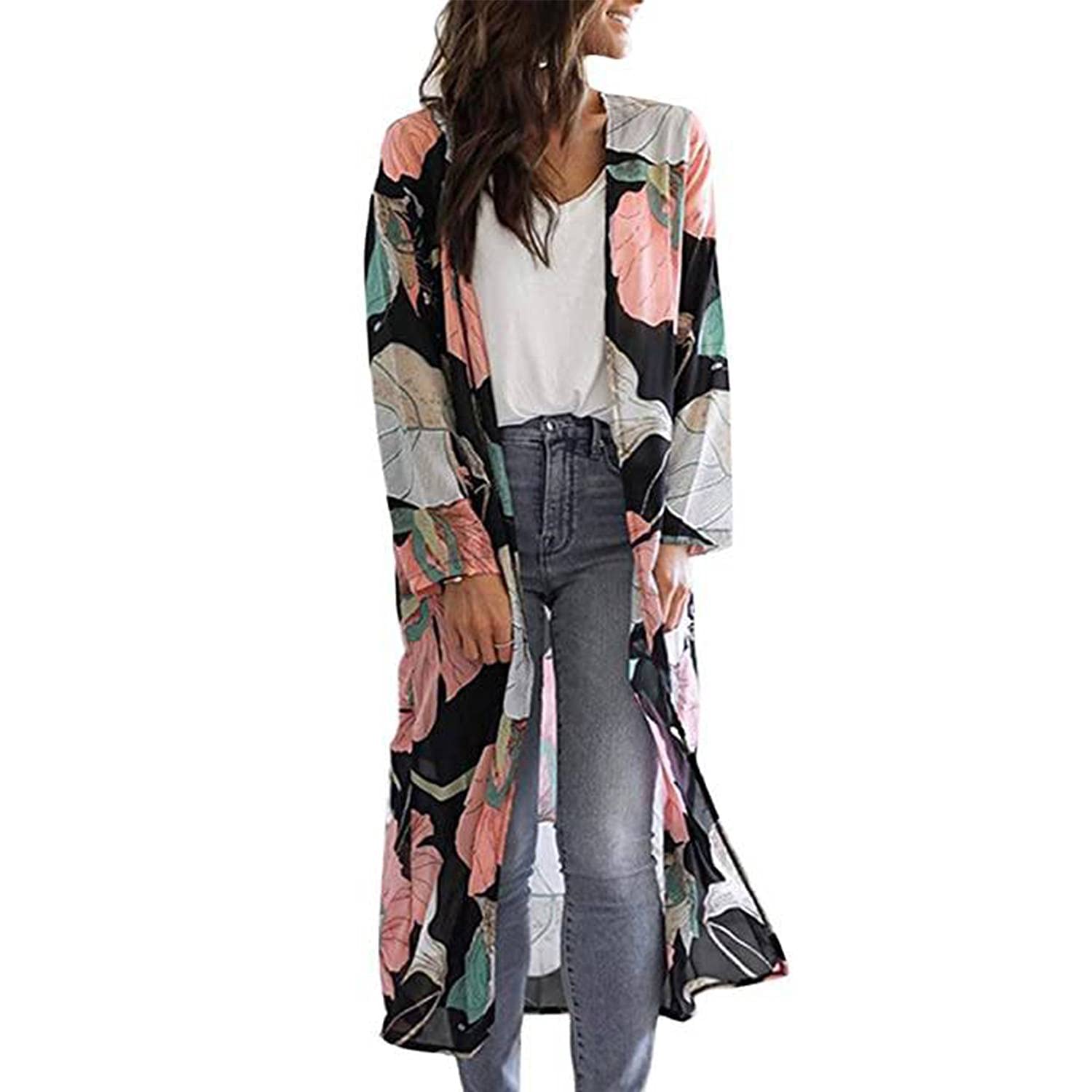 TBSCWYF Mujer Cárdigan Kimono Florales Manga 3/4 Gasa Boho Blusa Playa Encubrir Chaqueta Vacaciones Playa Chal
