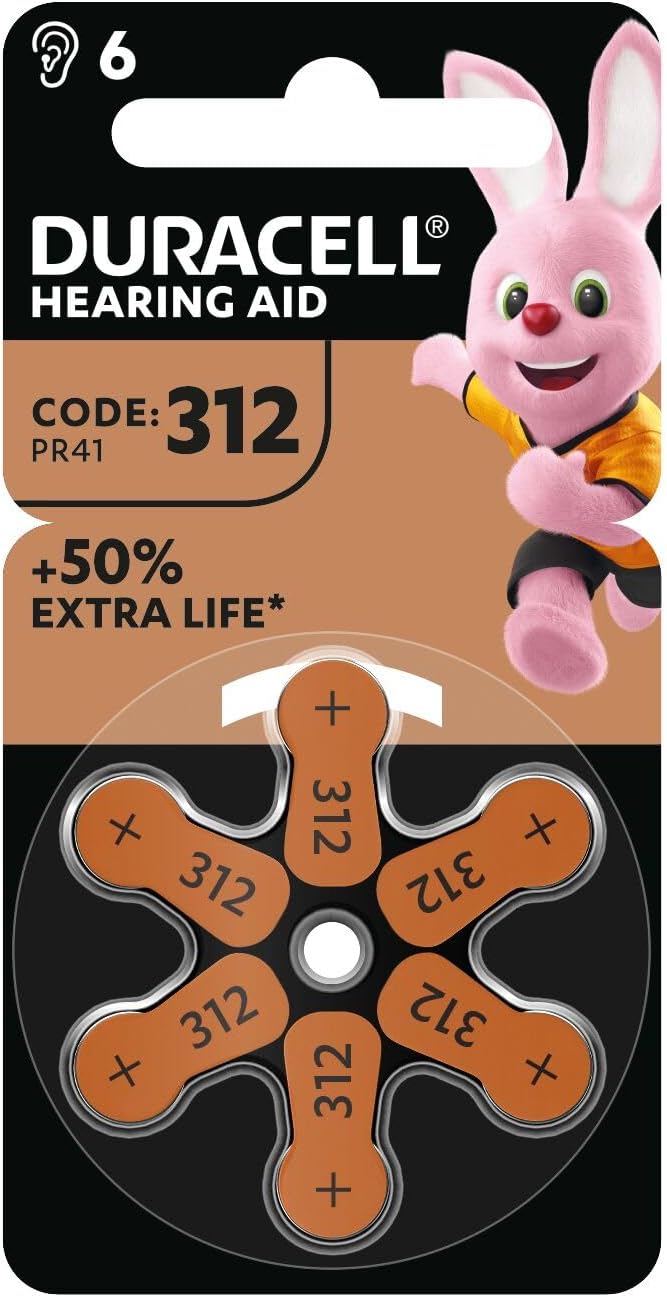 Duracell size 312 Hearing Aids batteries (pack of 6) +50% Extra Life, Easy Installation, 100% recyclable packaging, guaranteed 4 years in storage