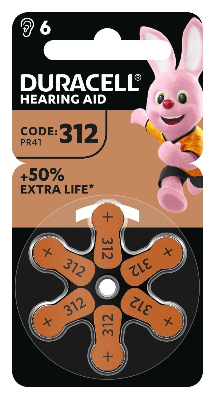 Duracell size 312 Hearing Aids batteries (pack of 6) +50% Extra Life, Easy Installation, 100% recyclable packaging, guaranteed 4 years in storage