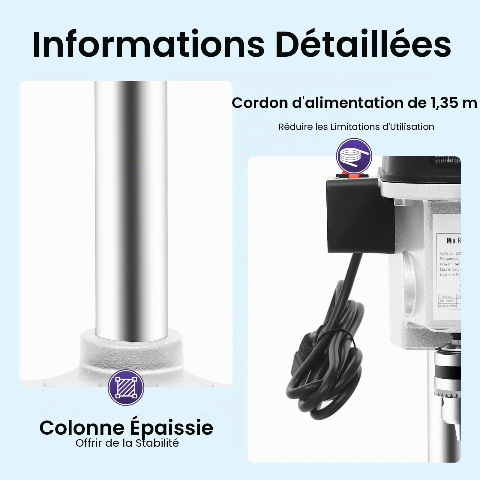 Perceuse de table professionnelle, 340 W, 3 vitesses, perceuse à colonne, bois, métal, plastique, 17 x 17 x 38 cm