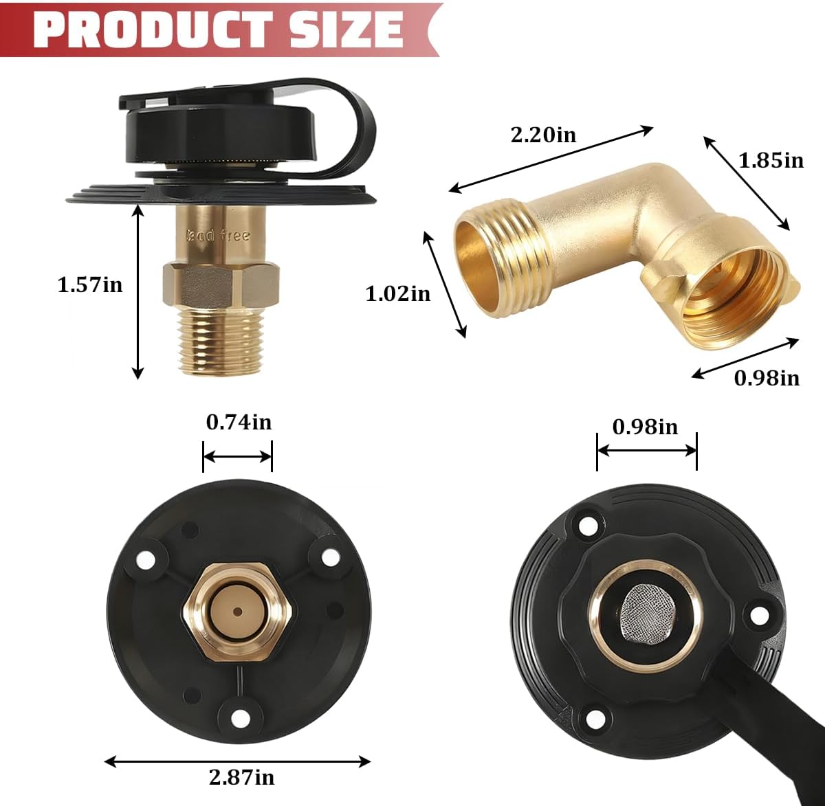 RV City Water Inlet with Check Valve, 3/4" NH Female to 1/2" NPT Male Brass Camper Water Fill Inlet Connection, Camper Hose Connector Replacement, Suitable for RV, Travel Trailer (Black)