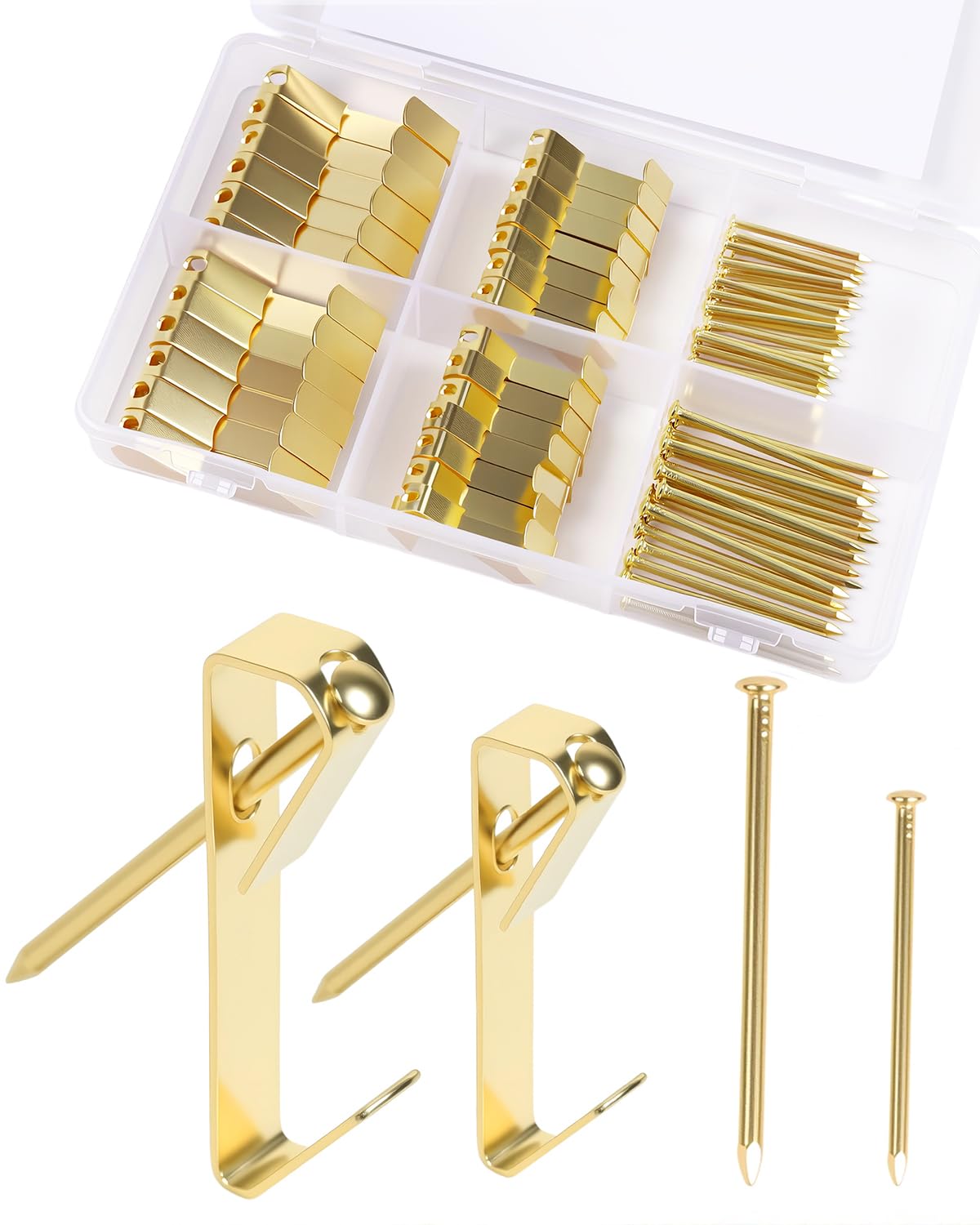 100PCS Heavy Duty Picture Hooks for Plasterboard Hard Walls (20 Sets 50lbs + 30 Sets 30lbs), Picture Hanging Kit, Picture Rail Frame Hooks Hangers