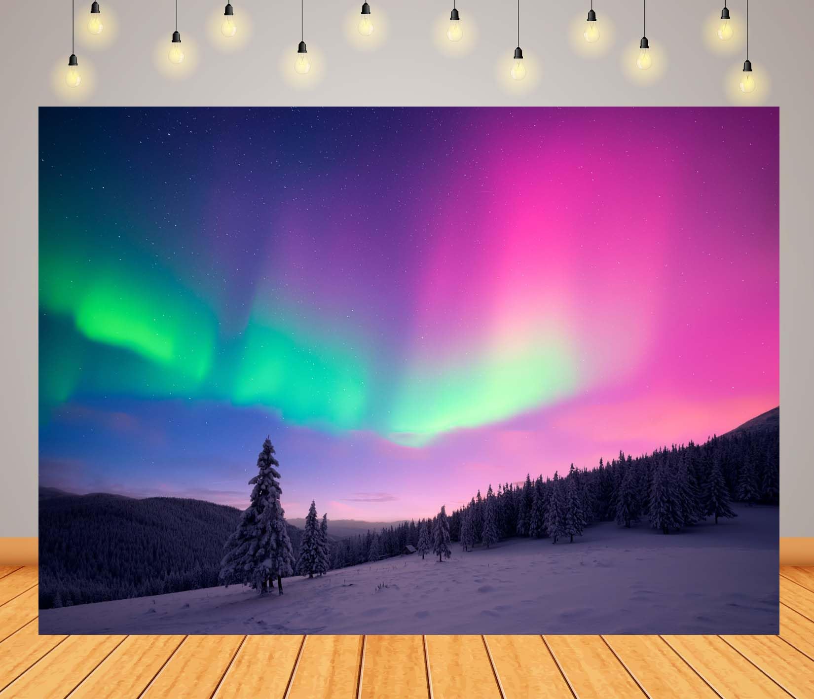 Stoff 3,6x3m (12x10FT) Rosa Grüne Aurora Schneefeld Fotohintergrund Einzelne Kiefer Winternachthimmel Kulisse für Feiertag Party Porträt Familie Erwachsene