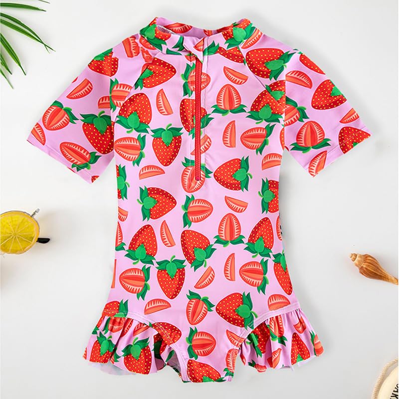 Image of Toddler Girl Swimsuit One Piece Rash Guard Bathing Suit Little Girls Short Sleeve Quick Dry Swimwear 1-7 Years