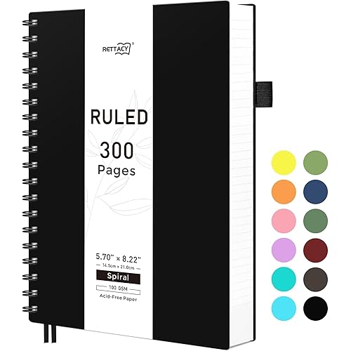 RETTACY Spiral College Ruled Notebook, 300 Pages, A5 Medium Size (5.7" x 8.2"), for School, Work, Writing, Journaling, 100 GSM Thick Paper, Flexible Plastic Cover (Black)