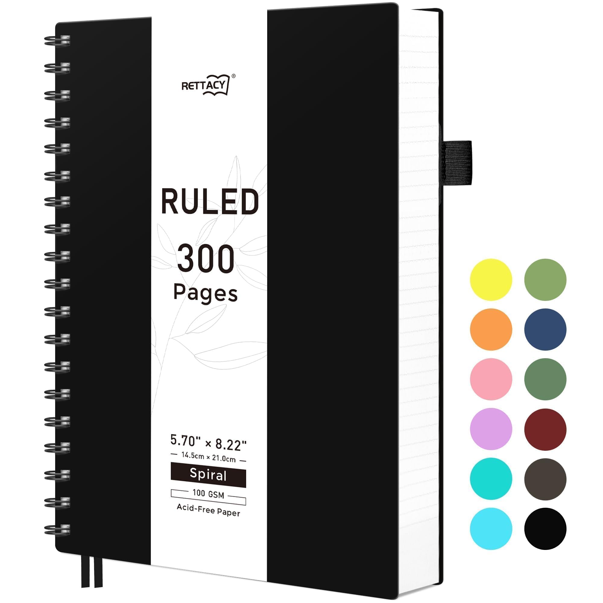 RETTACY Spiral College-Notizbuch, liniert, 300 Seiten, A5, mittlere Größe (14,5 x 20,8 cm), für Schule, Arbeit, Schreiben, Journaling, 100 g/m² dickes Papier, flexibler Kunststoffeinband (schwarz)