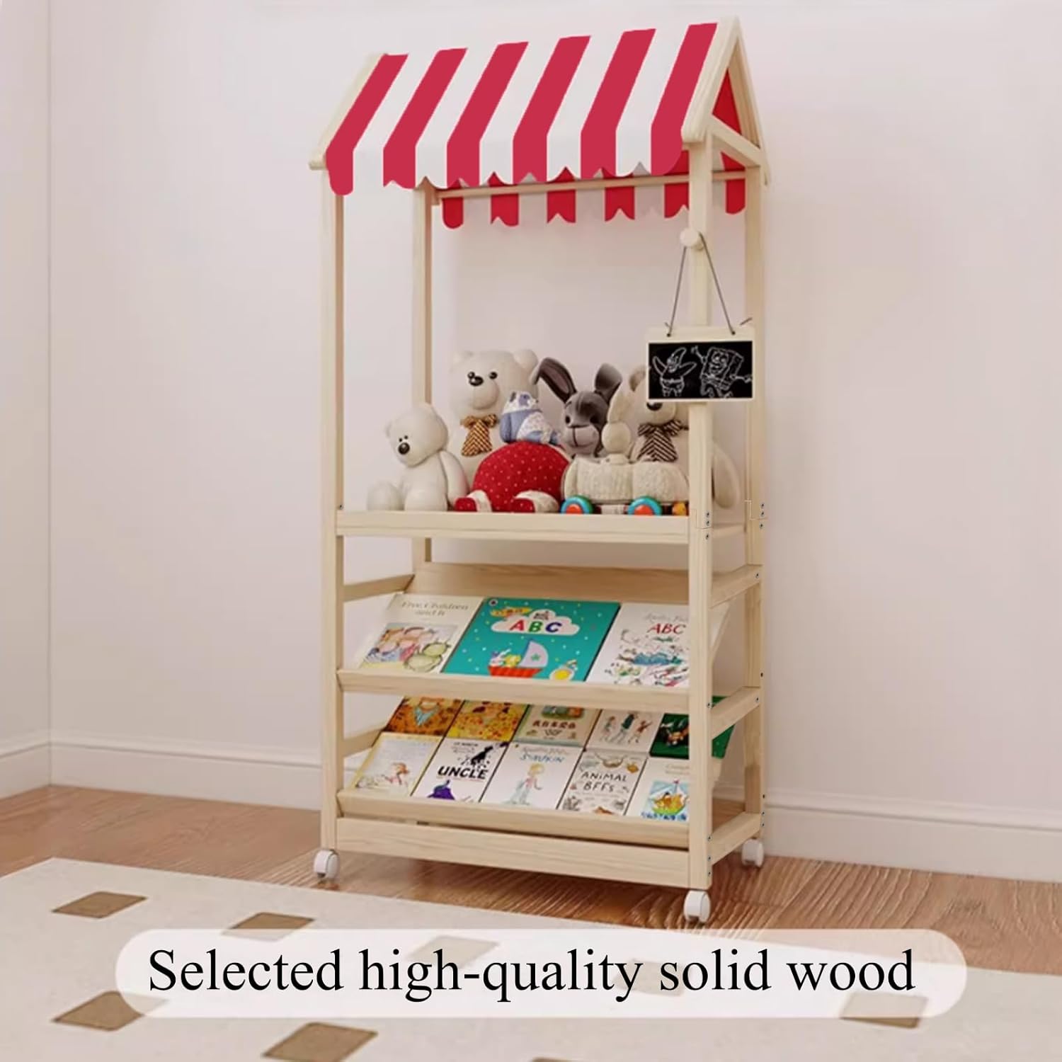3 Tier Wood Storage Rack with Lockable Casters for Easy Movement for Living Room Bed Room Wooden Storage Shelf Bookshelf Coat Rack for Books Toys Clothes, a Rod (Red & White roof)