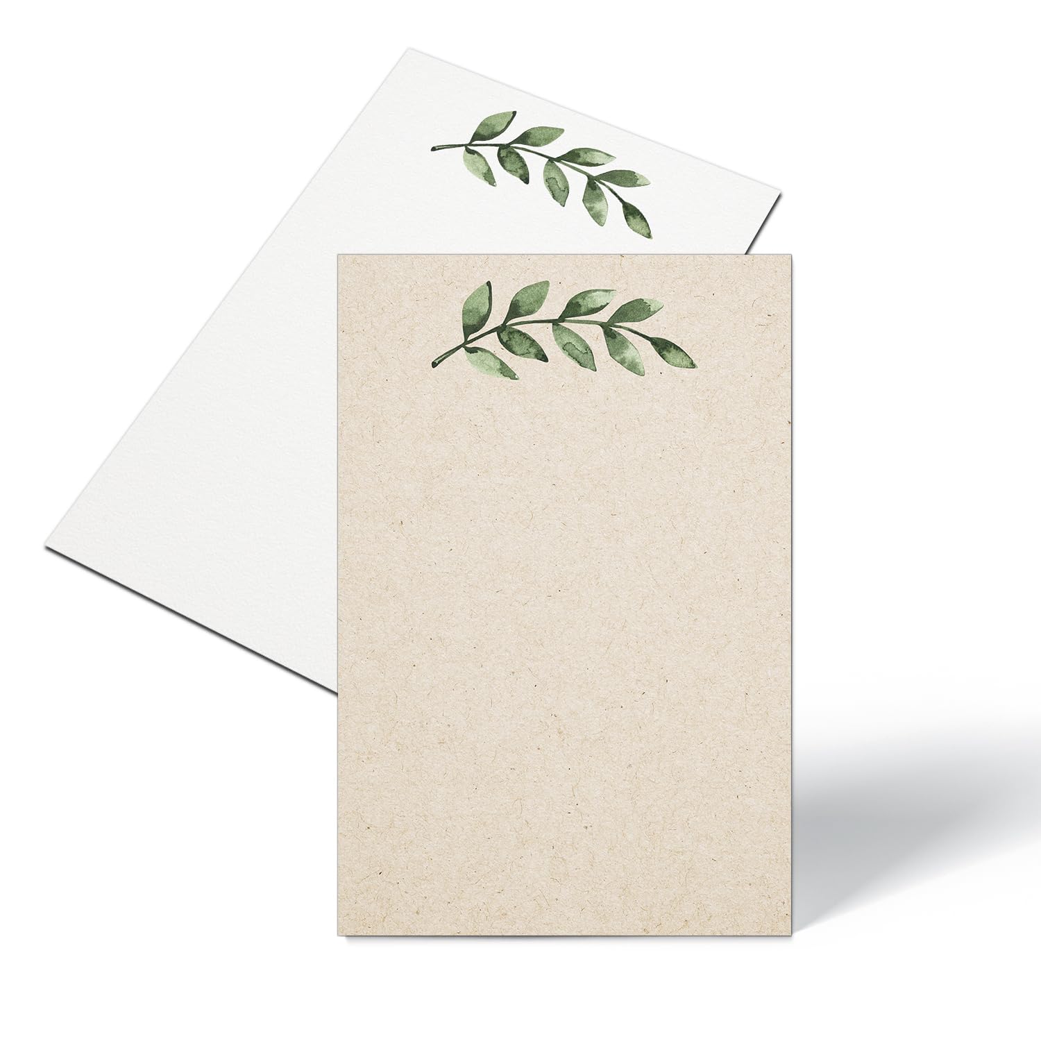 321DoneGreenery Note Cards, Made in the USA - 4x6 Thick, Blank, Heavy Cardstock, Cute, Pretty, Simple Green Leaves on Kraft, No Envelopes - Set of 50