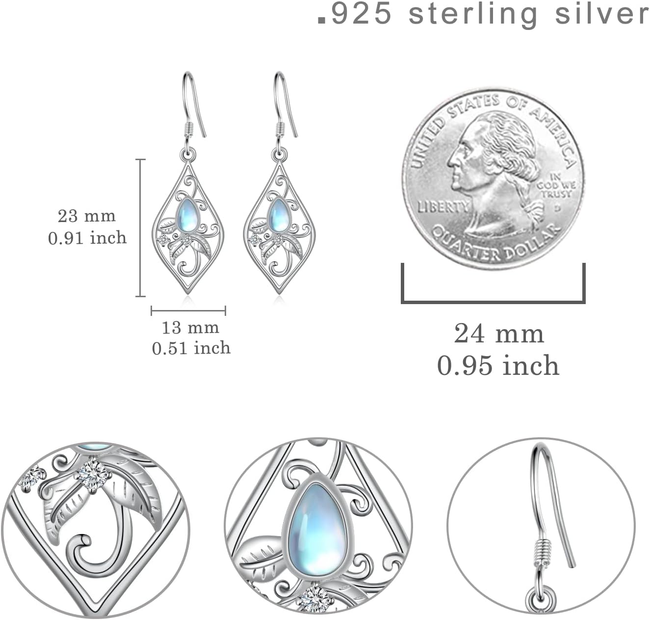 Moonstone Leaf Earrings Sterling Silver Leaf Dangle Drop Earrings Moonstone Jewelry Gifts for Women - Image 4