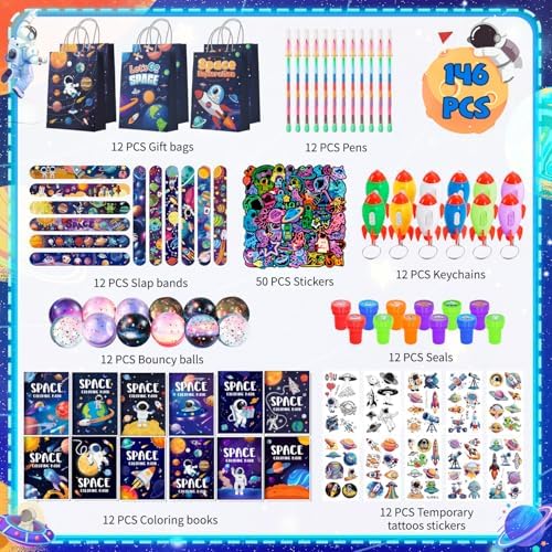 146pcs Space Party Favors Bags Fillers Includ Outer Space Goodie Bags Bracelets Solar System Coloring Books Pens etc for Astronaut Birthday Party Decorations Supplies — view 2