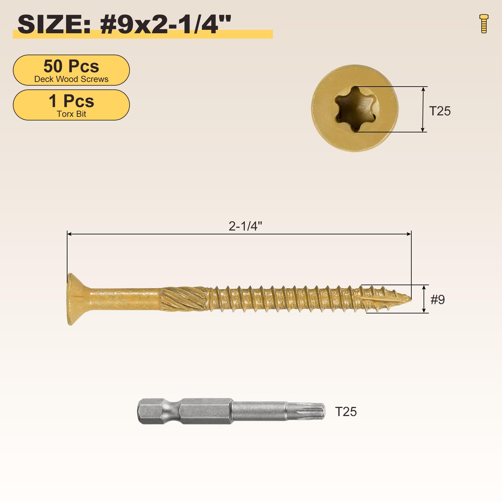 METALLIXITY Deck Screws (#9x2-1/4") 50Pcs, Carbon Steel Wood Screw Decking Screws Epoxy Coated with T25 Torx Drive Head - Image 2