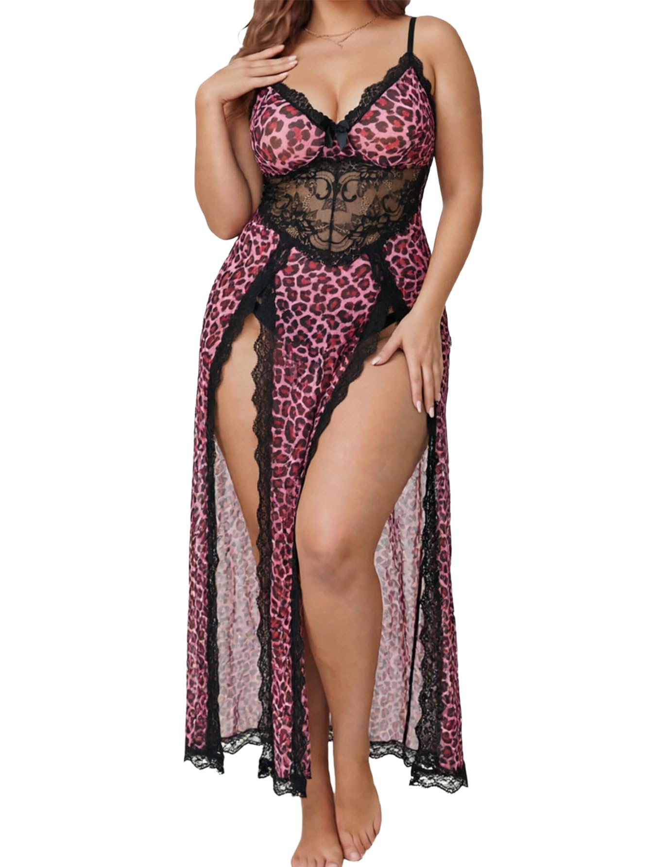 Alrovetoney Plus Size Lingerie For Women Babydoll Sexy Mesh Maxi Nightdress Exotic Sleepwear Side Slits