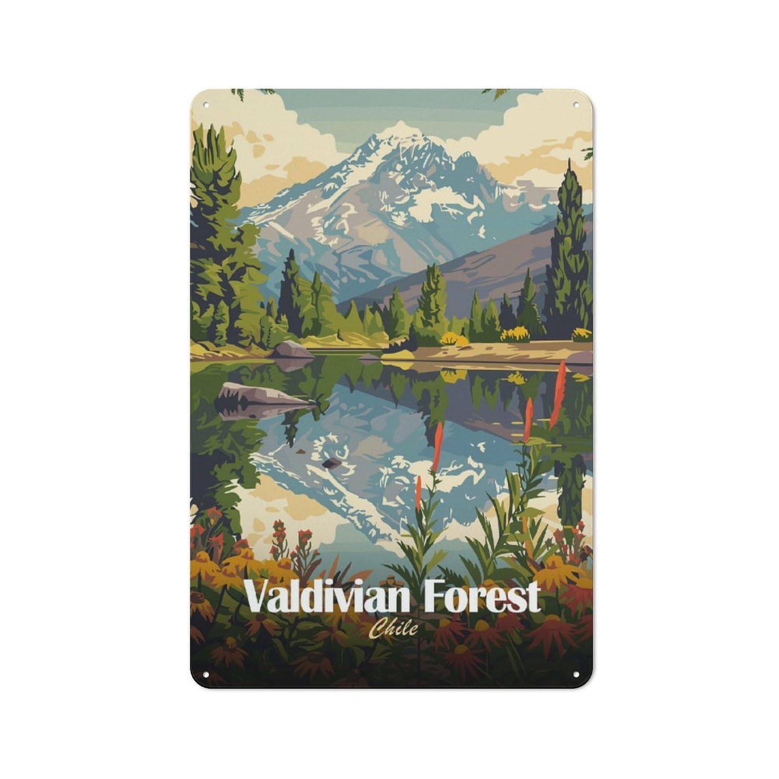 Junmoney Style-2 Valdivian Forest Chile Landscape Illustration Retro Metal Wall Sign 30X20cm For Guest Room Or Hallway, A Housewarming Gift For Home Decor Collectors