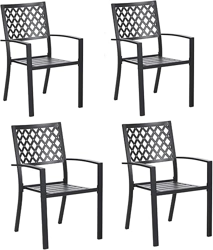 MFSTUDIO Juego de 4 sillas apilables de metal negro con respaldo ondulado para interiores y exteriores sillas de hierro forjado con brazo juego de 4