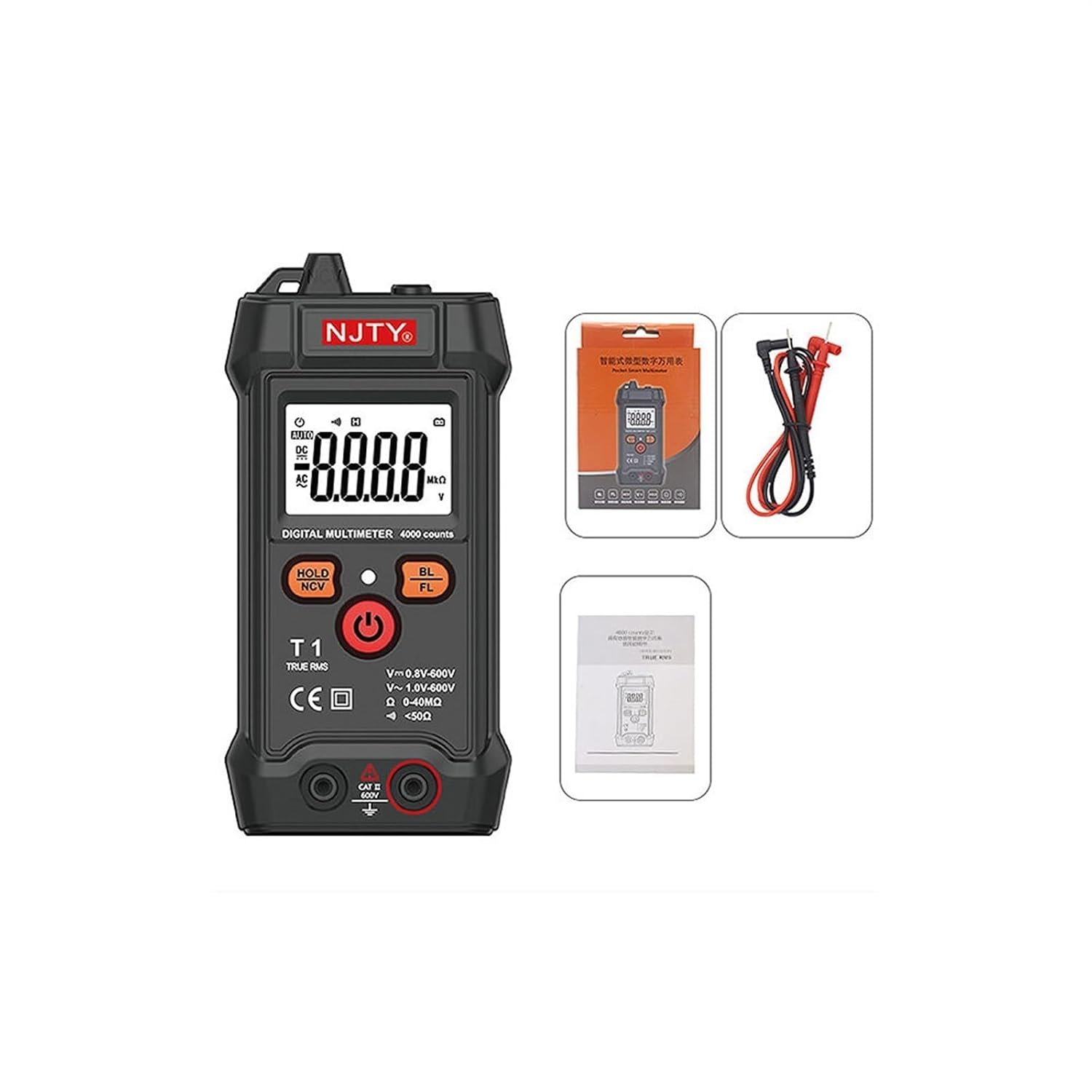 T1 Mini Digital Multimeter 4000 Counts Auto Ranging TRMS AC/DC Voltage Resistance NCV with Backlight+Flashlight Multi Metro