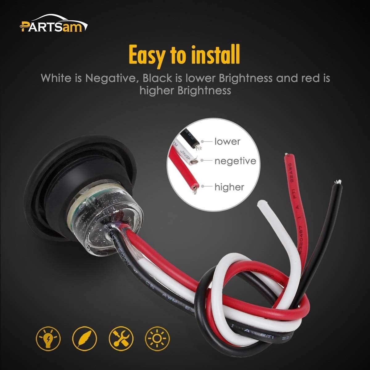 Partsam 10 Pcs 3/4 Inch Amber Round LED Lights, DOT Certified Turn Signal/Running/Clearance & Side Lights - 3SMD LED Dual Brightness (High/Low) for Truck trailer RV etc.
