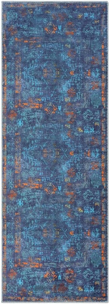 gln rugs contemporary collection - machine washable area rug, contemporary washable, non slip, low pile chenille rug, living room, bedroom, kitchen rug (2'6" x 10' midnight/multi) 2'6" x 10' (runner) midnight/multi