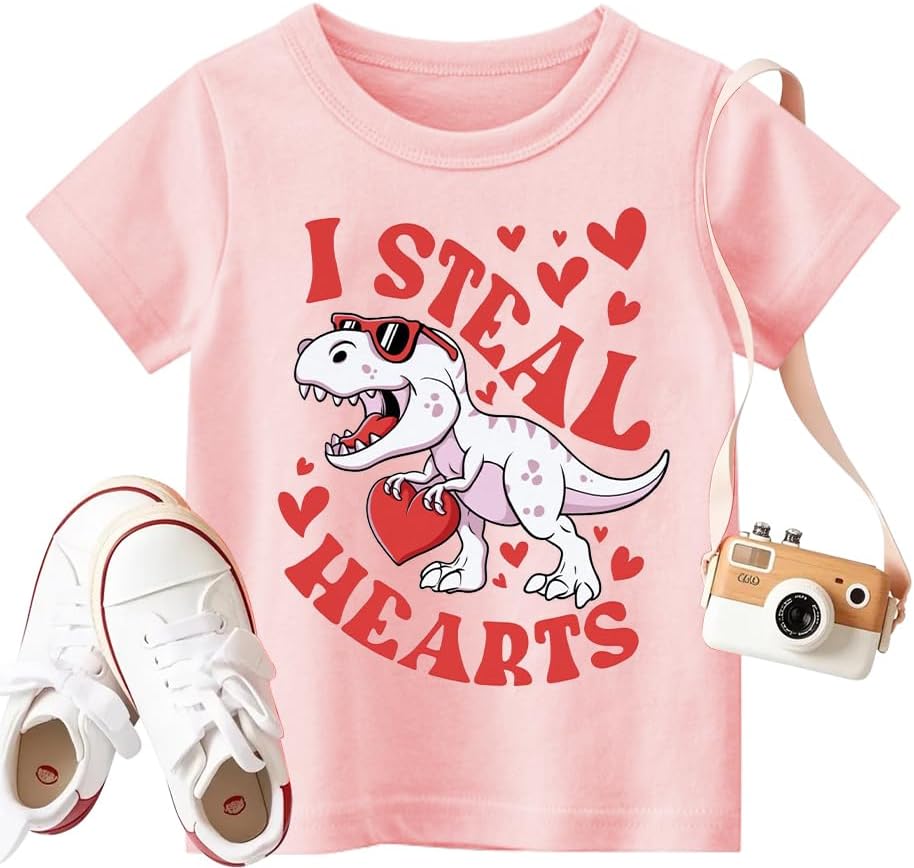 Valentines Shirts for Boys Girls Kids Toddler Funny Dinosaur Steal Hearts Tee Tops