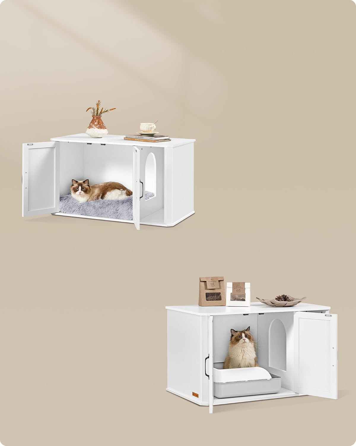 Feandrea Modern Cat Litter Cabinet Front Entrance Double Door Handles Cat House Side Table 85 x 48.5 x 50 cm Cloud White PCL012W01