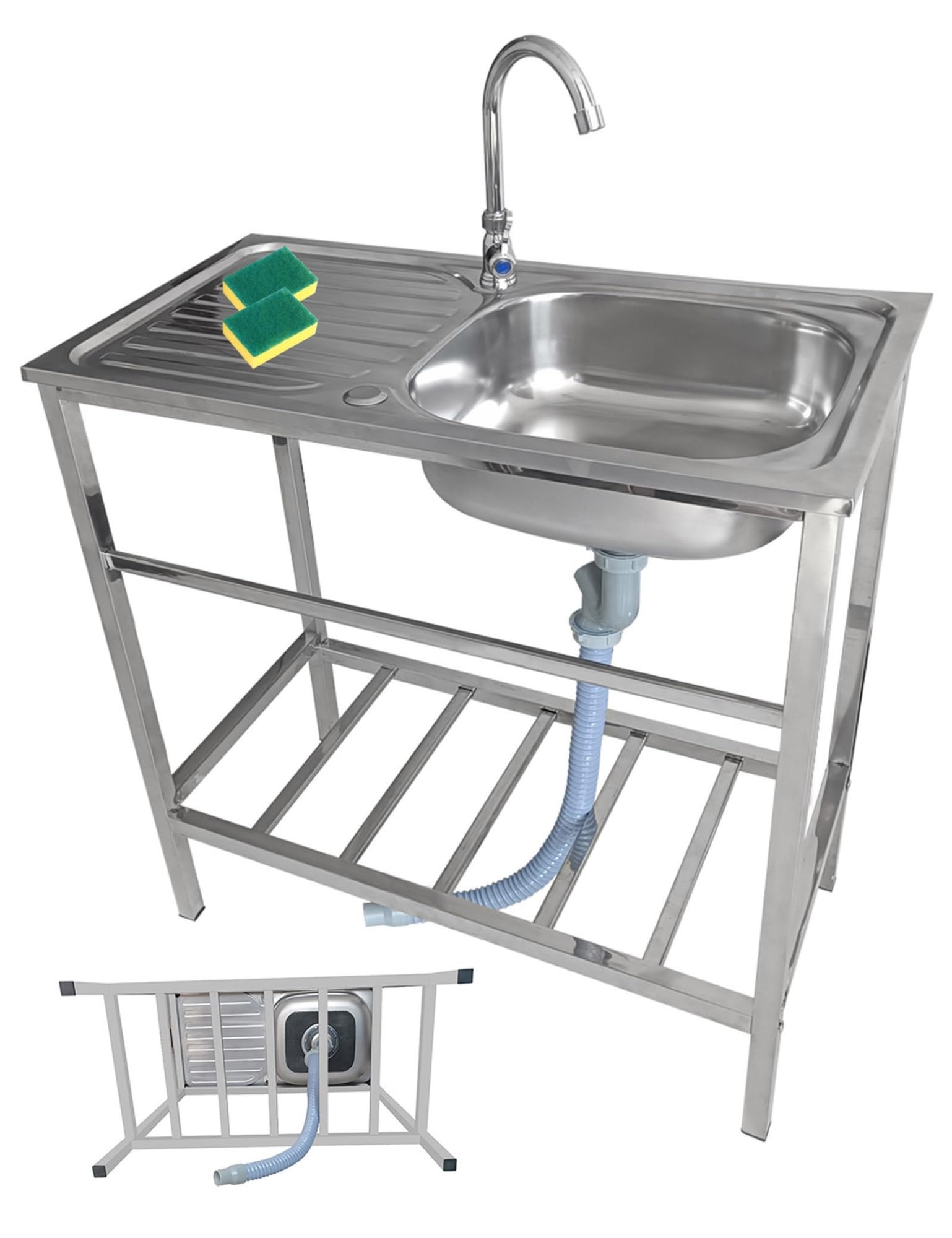 Évier de cuisine indépendant portable en inox avec robinet et égouttoir 100 x 50 tout usage