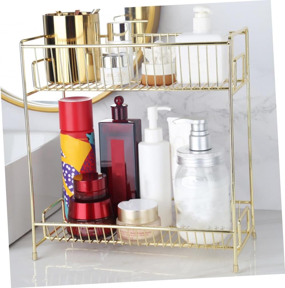PRETYZOOM 1pc Golden Multifunctional Desktop Rack for Cosmetics and Kitchen Storage Stylish Iron Dual-layer Organizer for Spaces and Home Decor for Makeup and Kitchen Essentials image 4