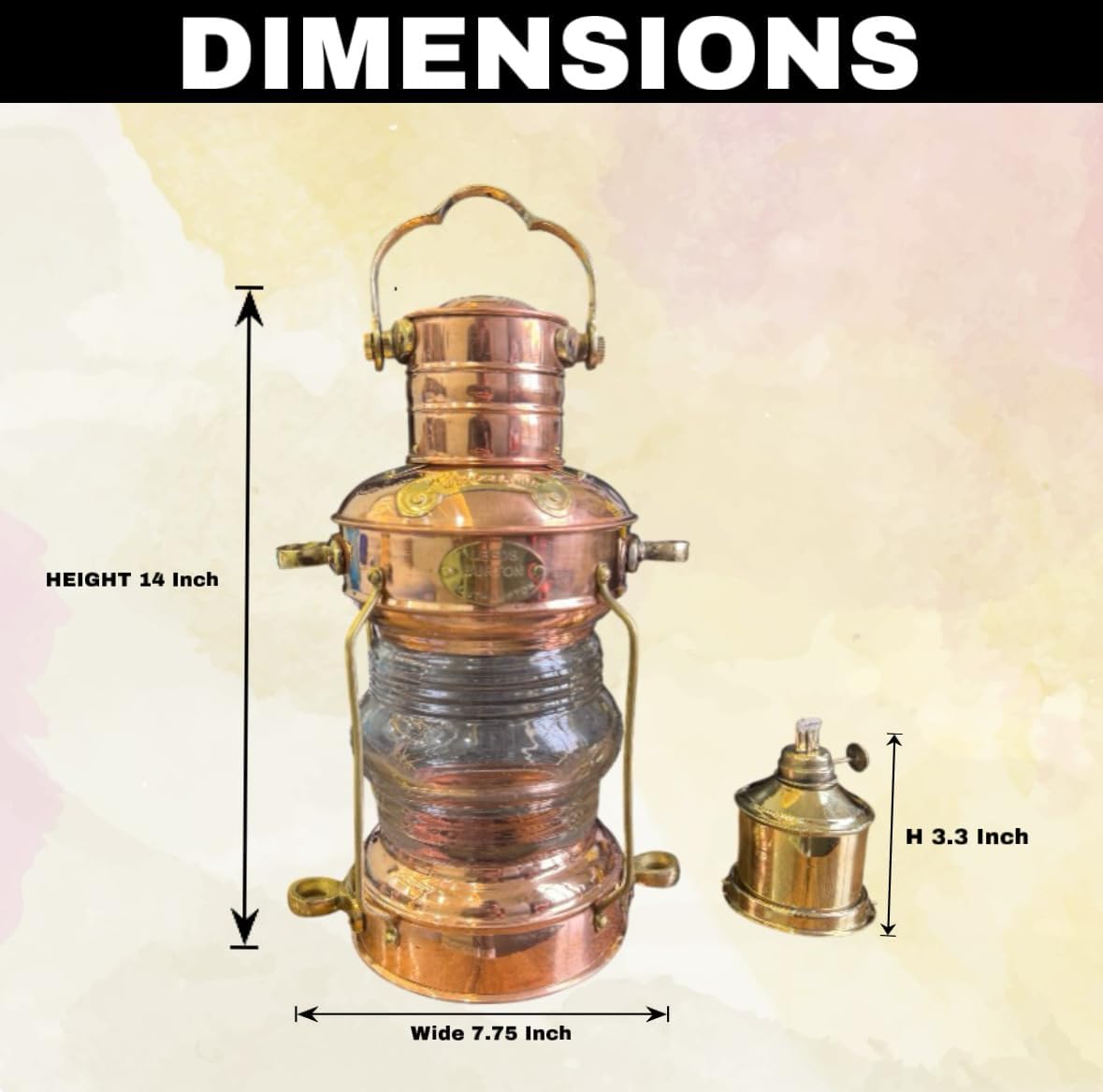 Antique Brass & Copper Nautical Lantern – Handcrafted Vintage Marine Oil Lamp with Clear Glass Fresnel Lens for Home Décor, Collectors, Ship Lighting & Gifting