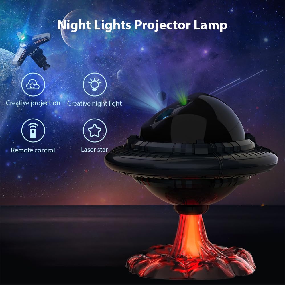 Luces nocturnas proyector de estrellas con forma de platillo volador con control remoto, 2 modos de temporización, lámpara LED, diseño OVNI, proyección de atmósfera para el hogar, dormitorio, sala de