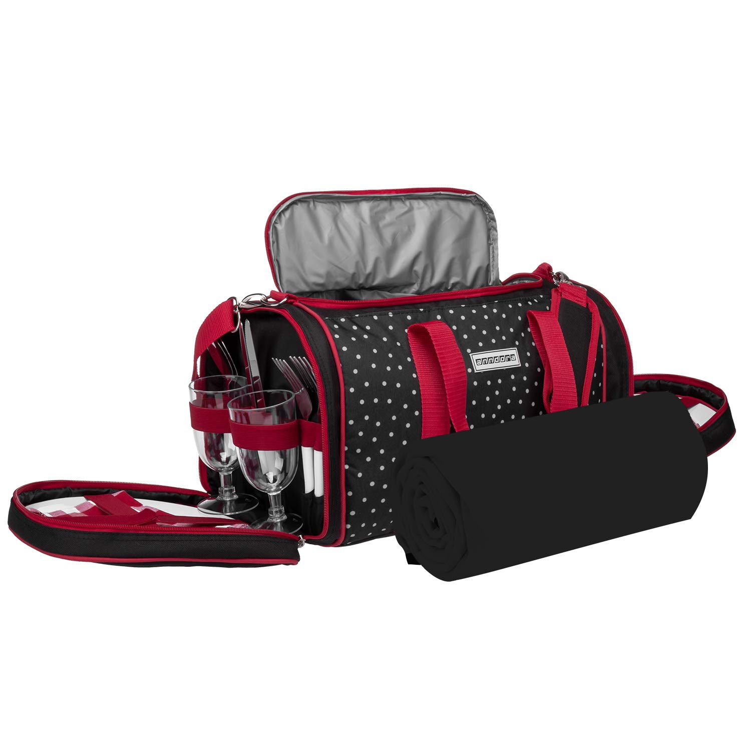 anndora Picknick Kühltasche + Decke + Zubehör schwarz weiß gepunktet