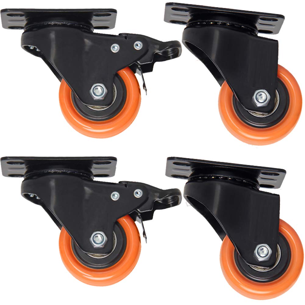 Ruote girevoli per mobili, 4 pezzi, 1,5'' 40 mm/2'' 50 mm, con freno, cuscinetti a sfera doppi in acciaio, piastra antipolvere, ruote universali in poliuretano per carrello, tavolo e letto (arancione,