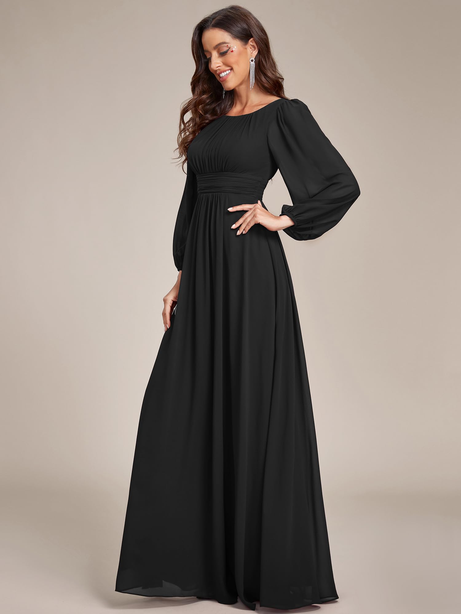 Ever-Pretty Vestito da Sera Donna Lungo Cintura Rotondo Manica Lunga Elegante Abiti da Cerimonia ES0106B