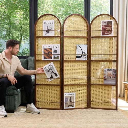 Rattan Room Divider with Bookshelf Privacy Screen for Home Office & Bedroom Portable Partition Wooden Frame
