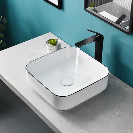 Kichae 16x12" White Porcelain Bathroom Vessel Sink - Modern Rectangle Above Counter Vanity Basin With Faucet Hole