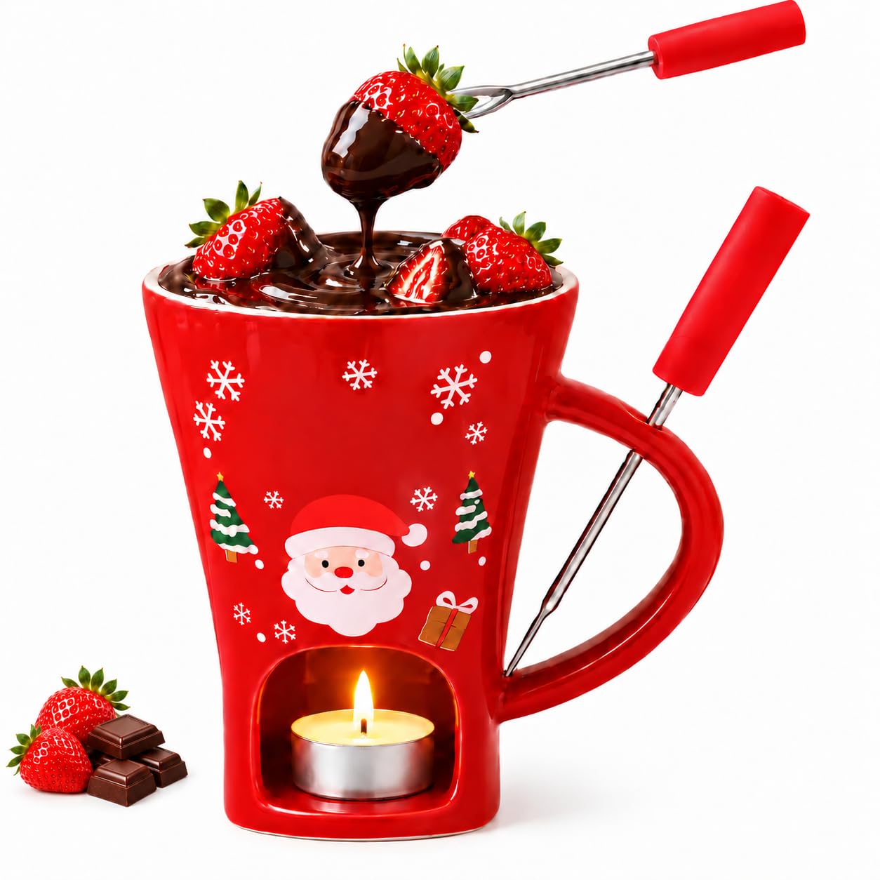Christmas Chocolate Fondue Mug with Fork, Ceramic Melting Cup，Red Santa — image 1