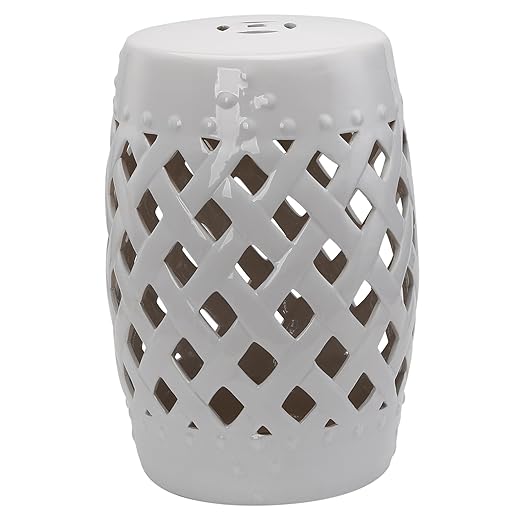 Outsunny 13" x 18" Ceramic Garden Stool with Woven Lattice Design & Glazed Strong Materials Decorative Outdoor Stool, White