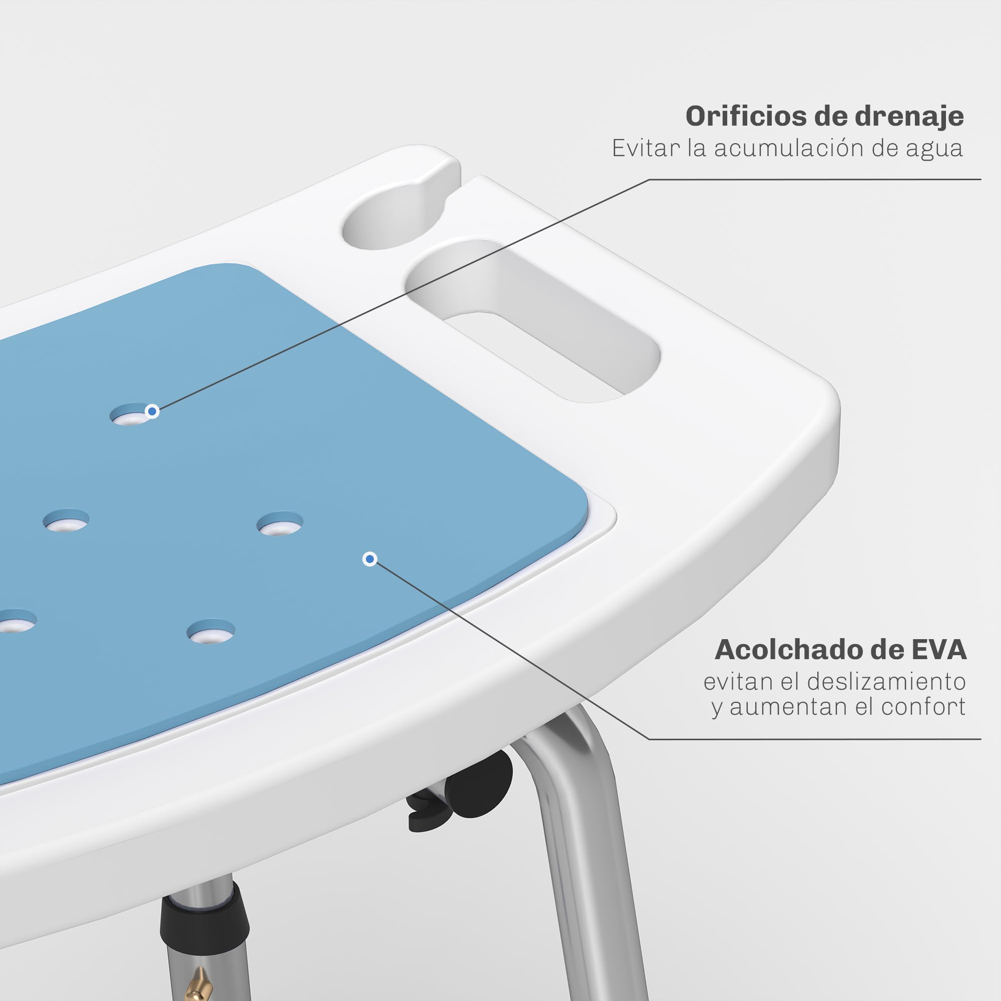 HOMCOM Silla Ducha Personas Mayores con Respaldo Antideslizante 136 kg | Silla de Ducha, Altura Ajustable en 6 Posiciones, para Ancianos y Discapacitados
