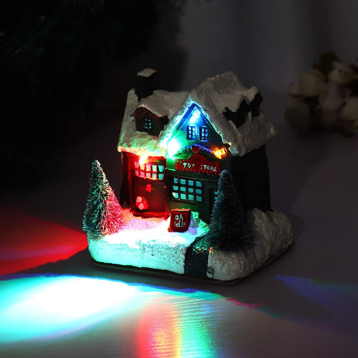 HAPYLY Resin Xmas Christmas Village Building Houses Gift Toy Store with LED Light Multicolor Tabletop Christmas Decoration