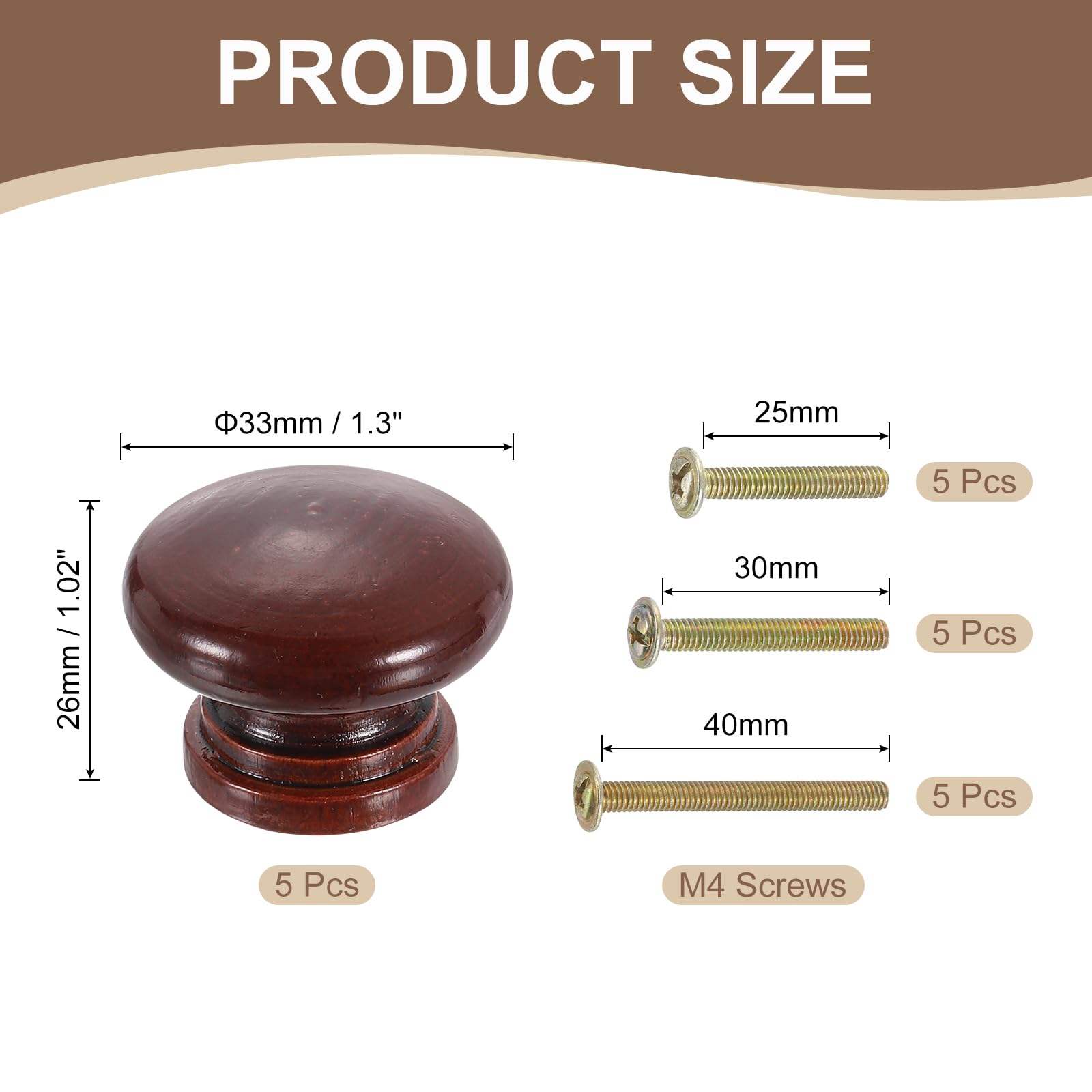 Sourcing Map 5Pcs Round Wood Drawer Knob, 1.3" X 0.98" Round - View #2
