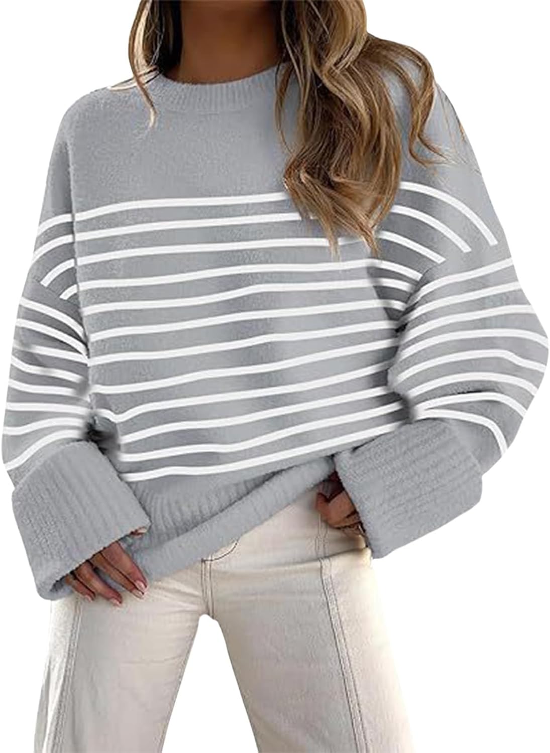 Women's Fuzzy Sweater Oversized Long Sleeve Crewneck Chunky Knit Loose Casual Dressy Pullover Tops