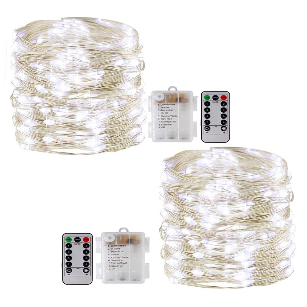 Fairy String Lights with Remote,[2Pack 33Ft] Vikdio Waterproof 100 LEDs Starry Lights 8 Modes Battery Operated Silver Wire Fairy Rope Lights for DIY Wedding Party, Bedroom, Patio, Garden (White)