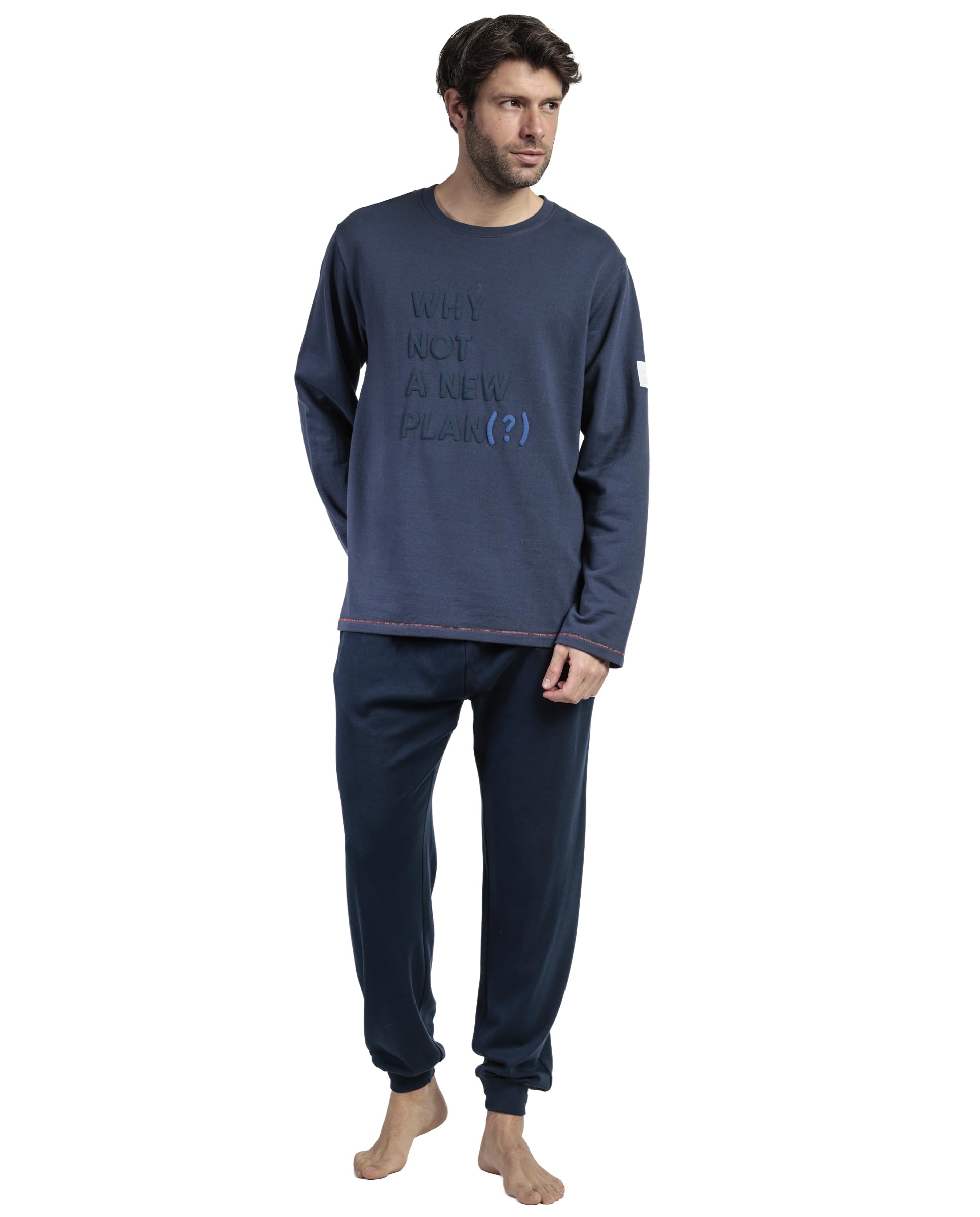 Pigiama Uomo New Plan In Felpa Di Cotone – Maniche Lunghe, Girocollo, Colore Denim/Kaki, Design Esclusivo