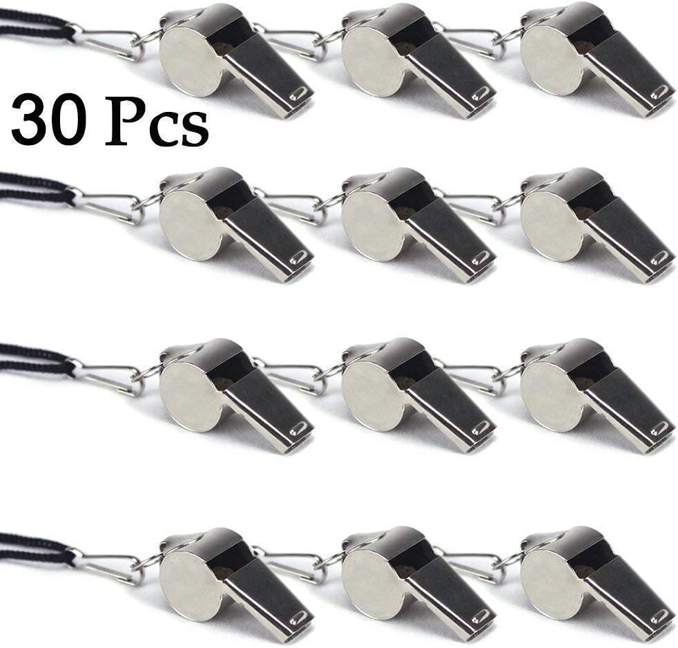 Kaqkiasiog 30 Pcs Newest Silver Stainless Steel Loud Metal Whistles Lanyard Referee Coaches Basketball Football Sports Training Game Event Lifeguard Survival Emergency Fun School Tool Set Suppliers