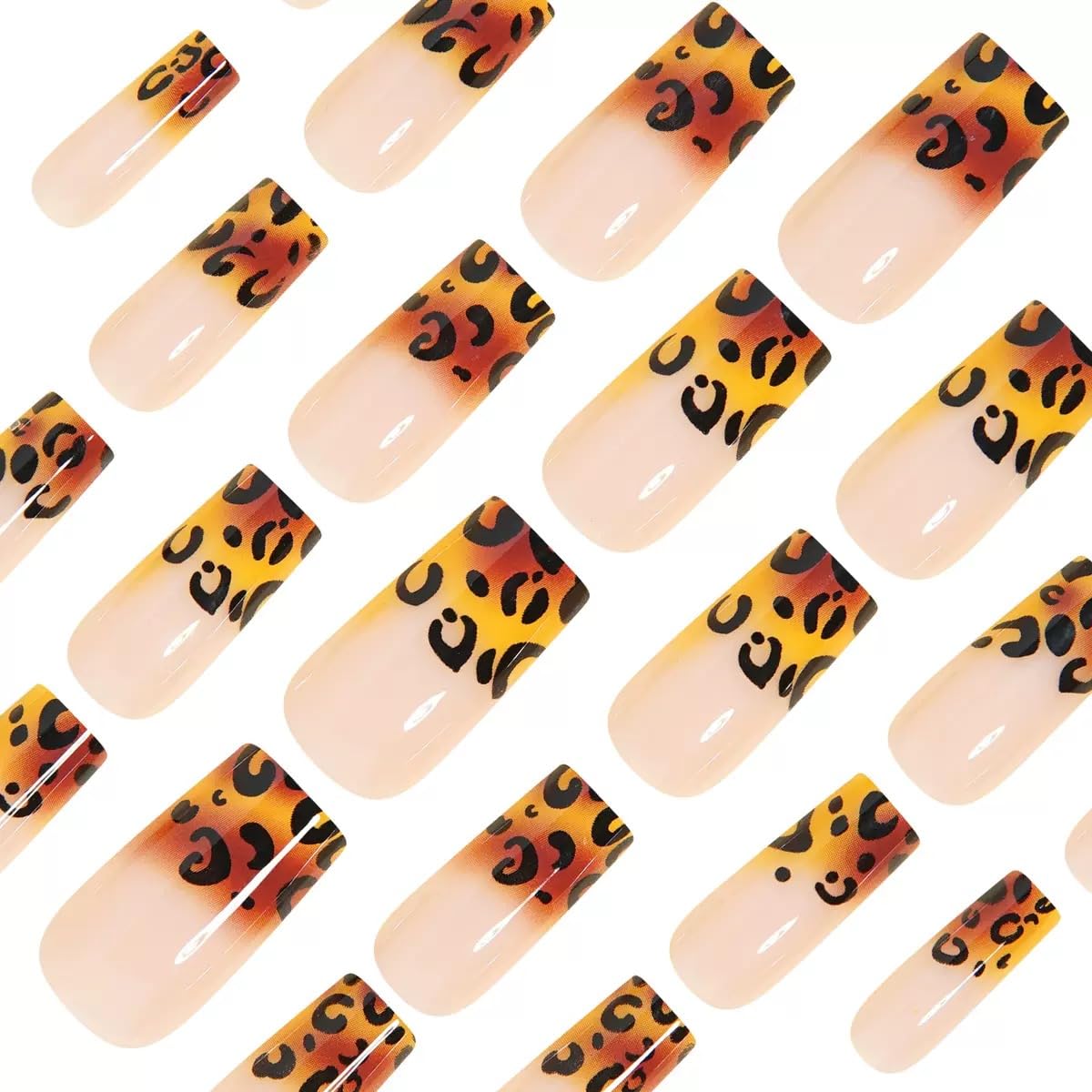 Medium Press on Coffin Nails - Brown Fake Nails with Leopard Print Design - Ombre, Winter False Nails Press ons - for Women 24 Pcs