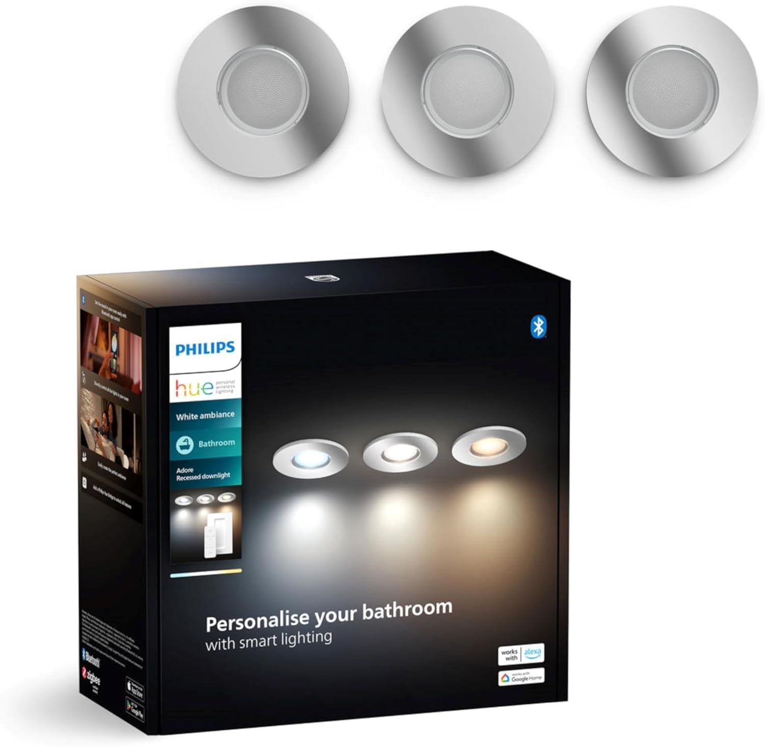 Philips Hue Adore, Faretti da incasso smart, Confezione da 3 | 5 W, Luce bianca da calda a fredda, Telecomando Dimmer Switch incluso, Smart Home, Controllo vocale via app, Con Bluetooth