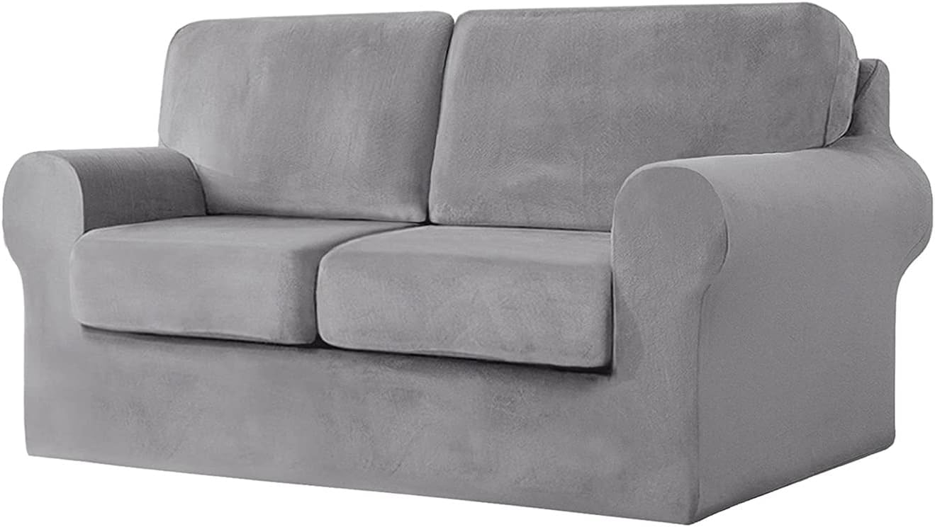 5-Piece Stretch Velvet Sofa Cover, 2 Seater Sofa Slipcover with 2 Separate Seat Cushion Covers and Backrest Cover, Couch Furniture Protector for Chair/Loveseat (Light Grey)