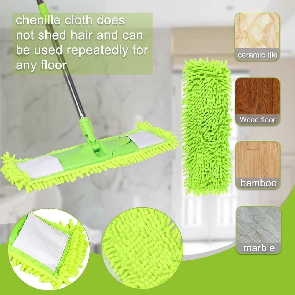 Trapeador de polvo para limpieza de suelos con 2 almohadillas de felpilla lavables y mango extensible de 55 pulgadas de largo, mopa plana seca y húmeda con estropajo para madera dura, laminado,