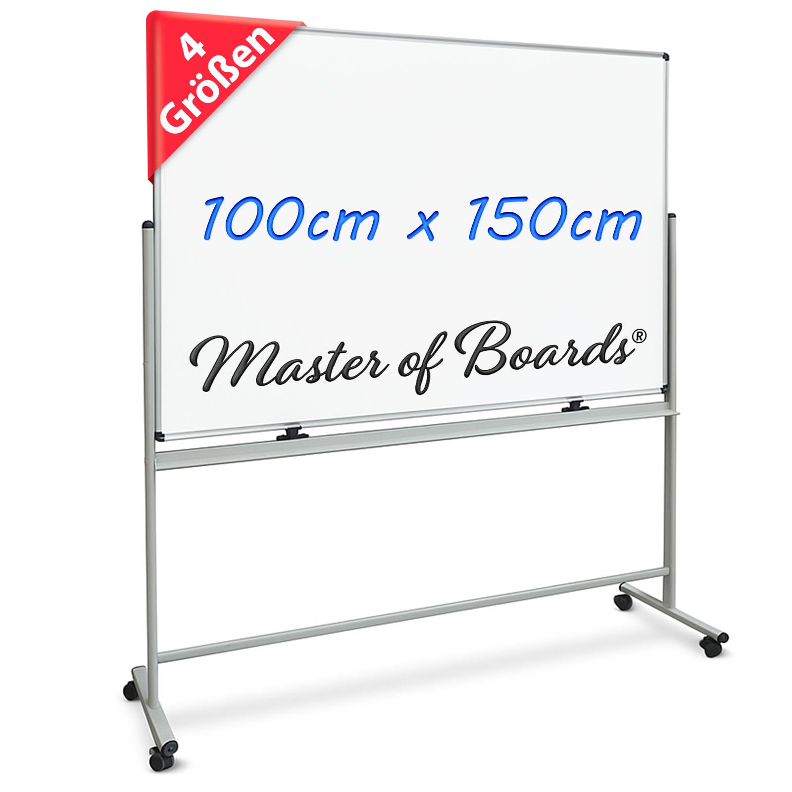 Master of Boards Magnettafel Whiteboard mit Ständer 100 x 150cm mobiles White Board auf Rollen doppelseitige Stativdrehtafel magnetisch, beschreibbar, rollbar, leicht abwischbar mit Stifteablage