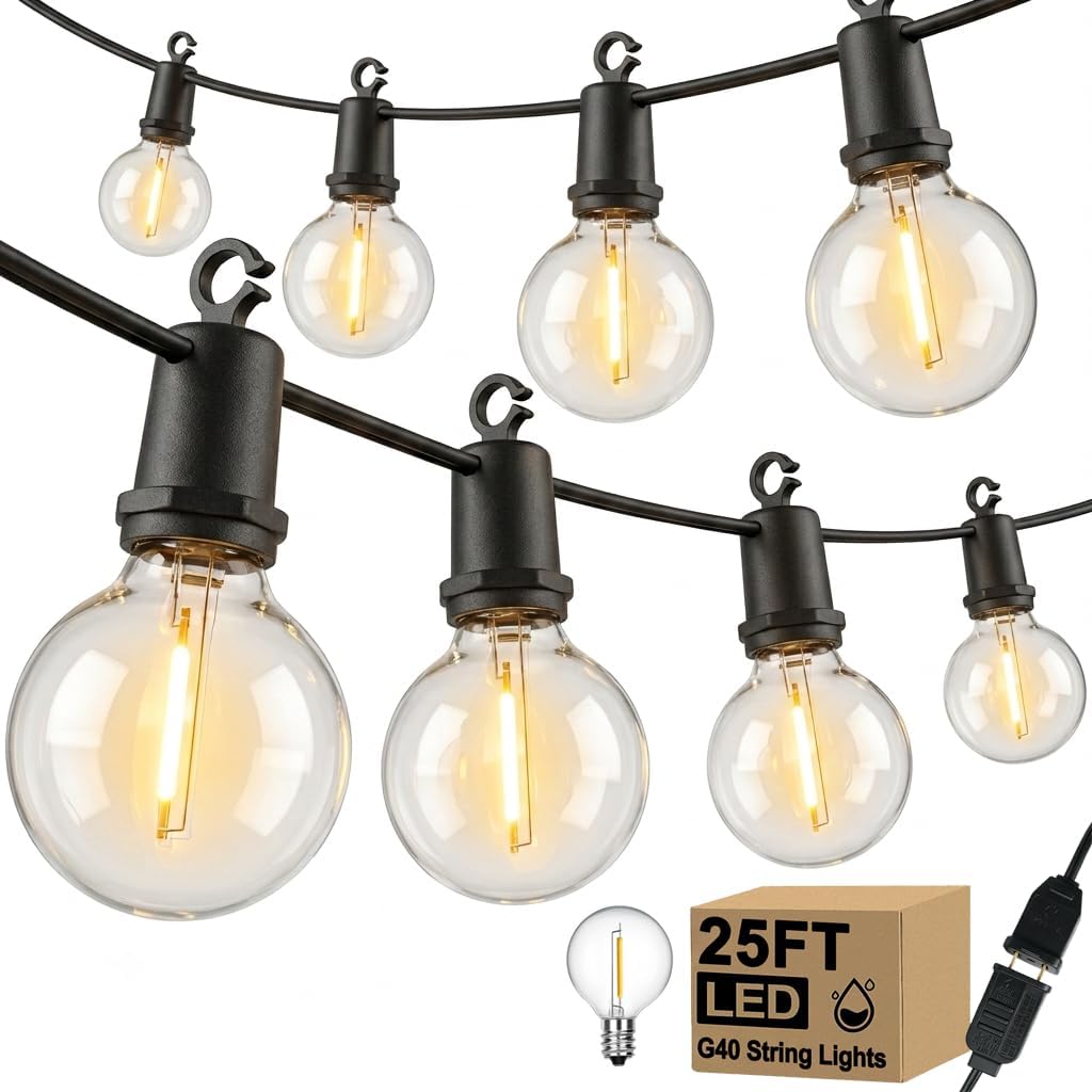 LED Outdoor String Lights, 25FT G40 IP65 Waterproof Patio Lights