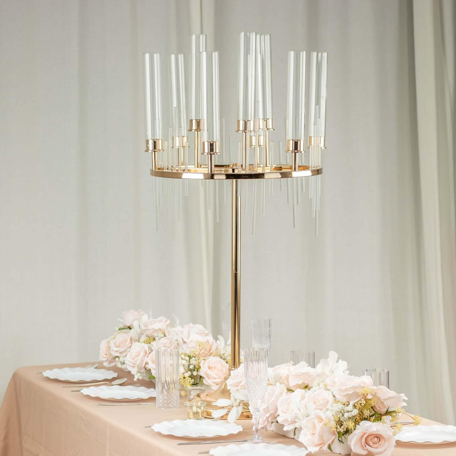 Efavormart 40" Gold 9 Arm Round Cluster Taper Candelabra Table Centerpiece with Drip Accents, Metal Candlestick Holder Arrangement with Clear Glass Shades
